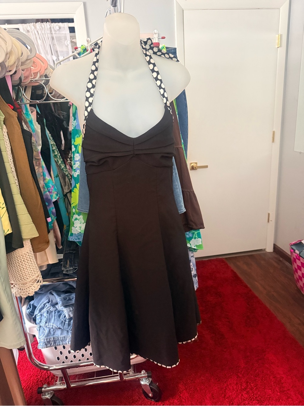 90s Speechless Halter Fit-and-Flare Dress in black with Polka Dot Trim